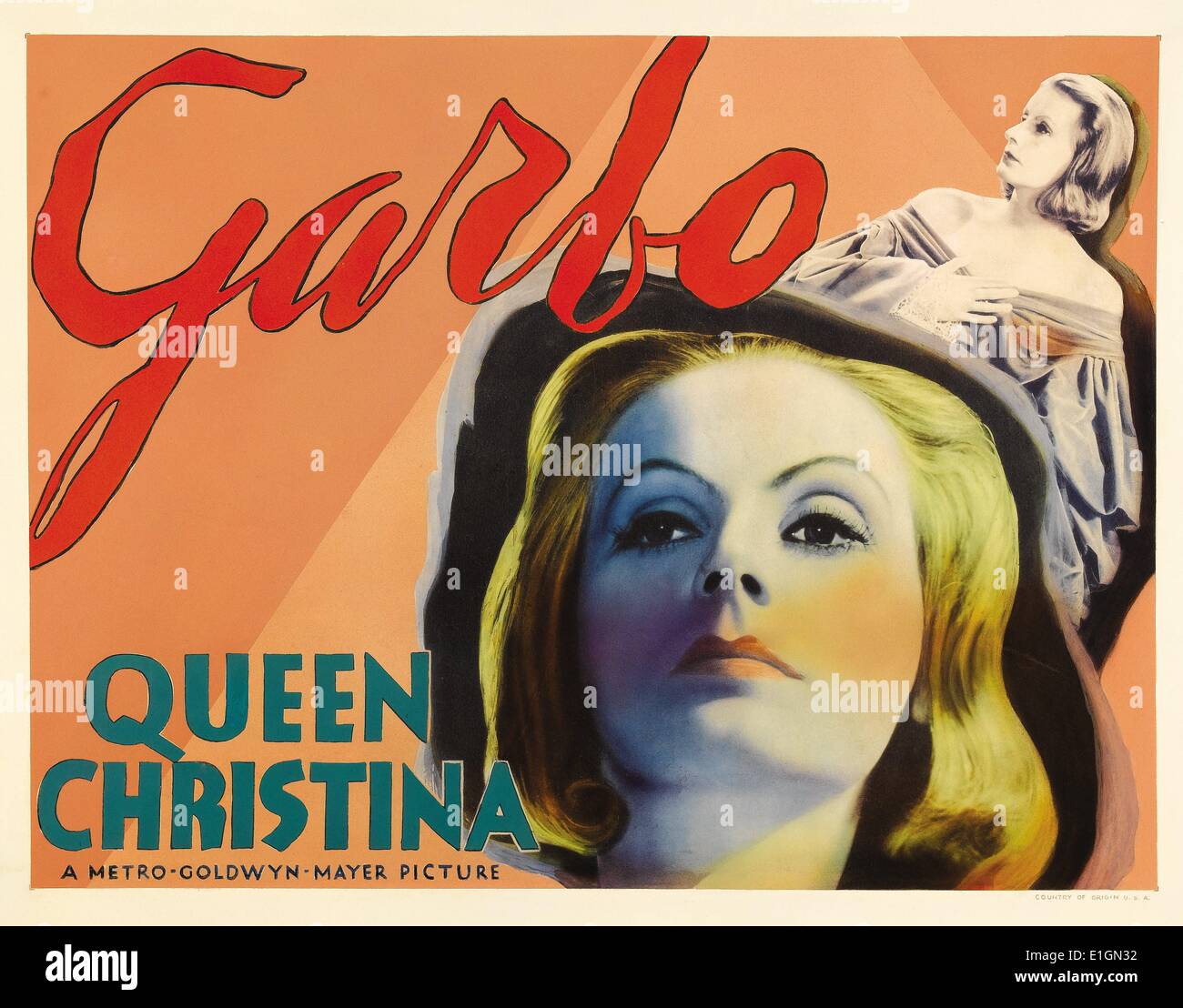 Poster del film regina Christina giocato da Greta Garbo. Regina Cristina è un Pre-Code Hollywood film biografico, prodotta nel 1933 e diretto da Rouben Mamoulian. È la stella svedese nato l'attrice Greta Garbo e John Gilbert. Christina (Svedese: Kristina Augusta; 18 Dicembre [O.S. 8 dicembre] 1626 - 19 Aprile 1689), successivamente adottato il nome Cristina Alessandra, fu regina regnant di Svezia dal 1633 al 1654 Foto Stock