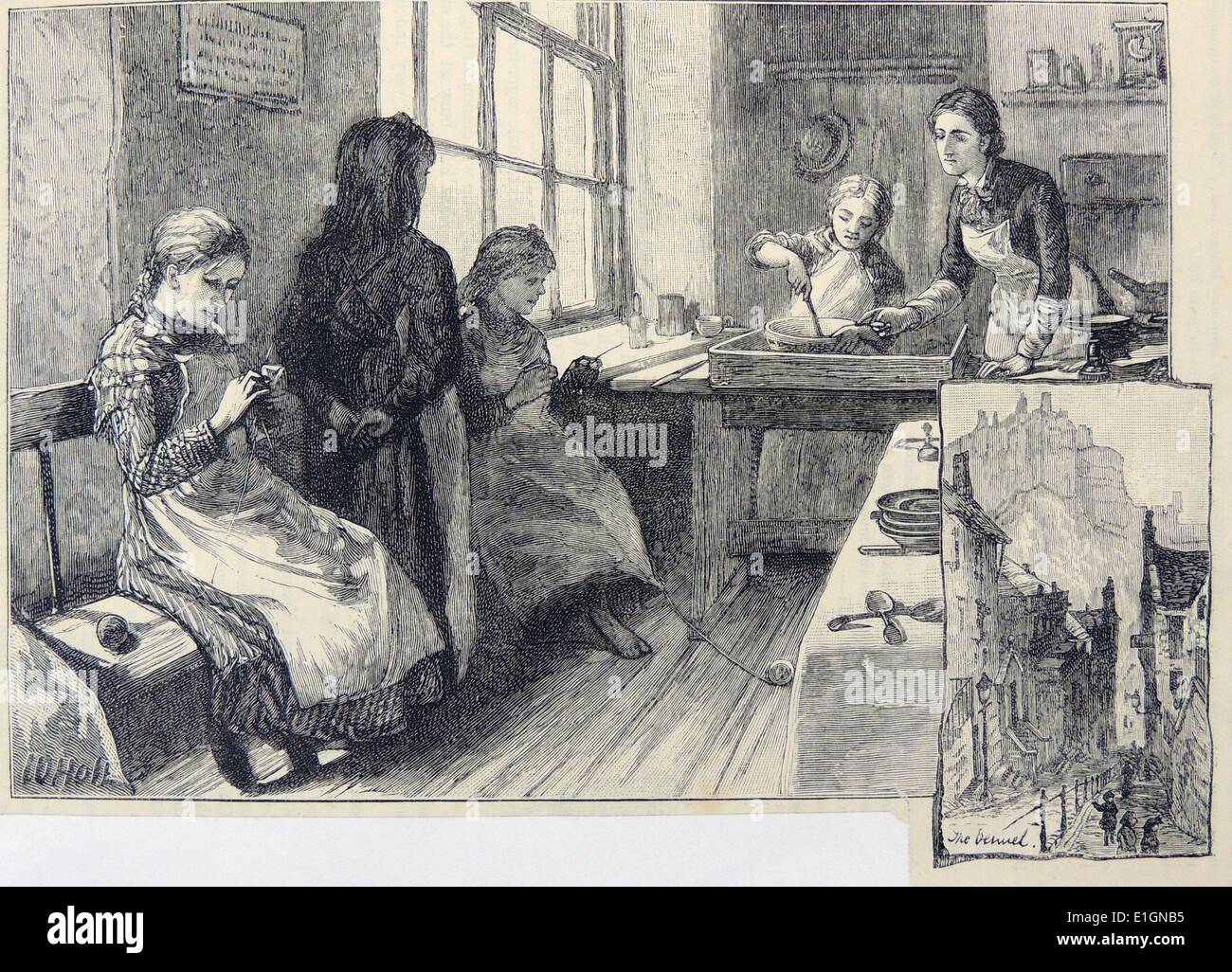 Scuola di cucina per ragazze povere, Edimburgo, Scozia. Incisione, Londra, 1883. Foto Stock