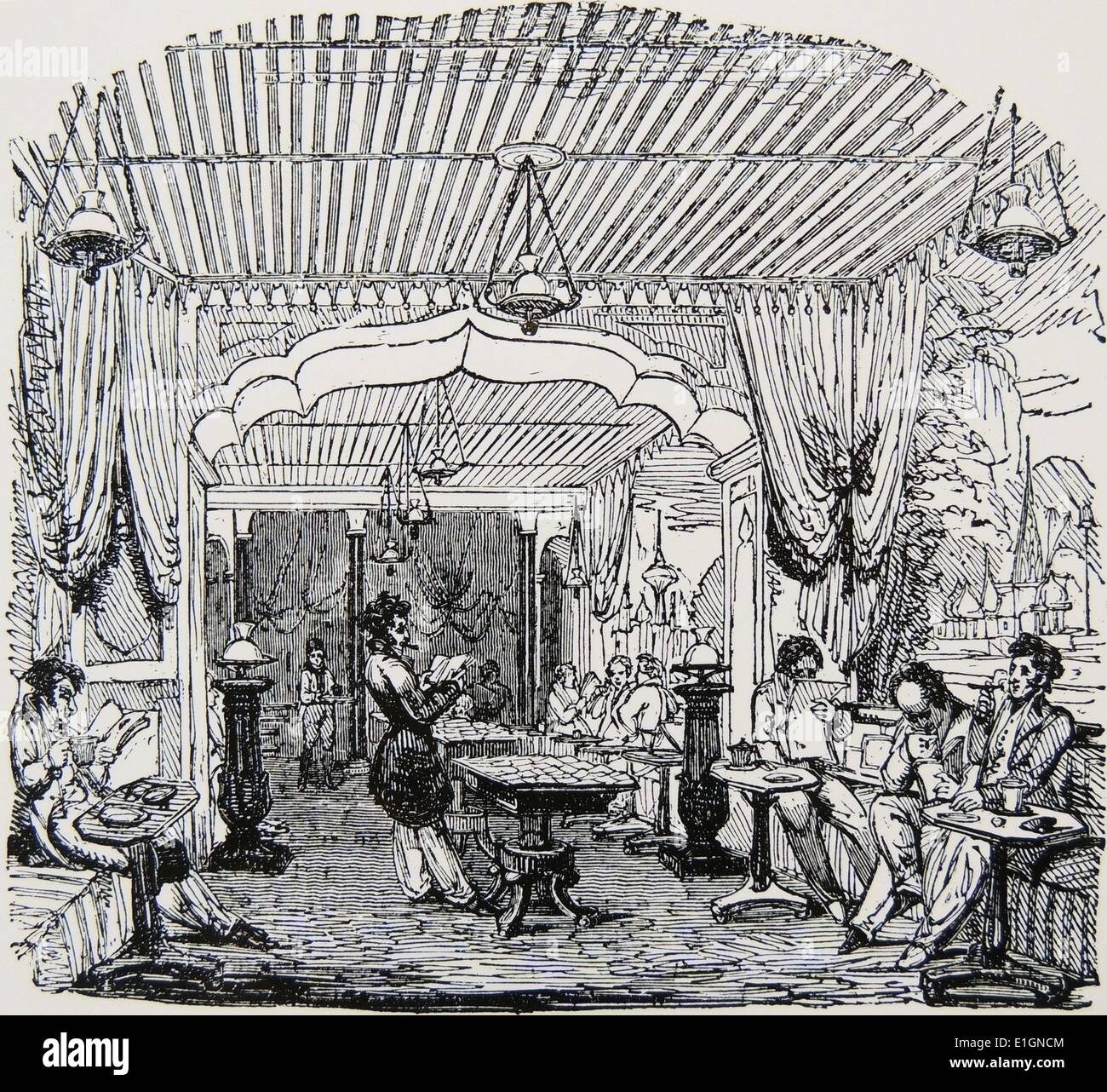Gliddon's Cigar divan, King Street, Covent Garden di Londra, dove colleghi potrebbero godere di un sigaro e una tazza di caffè circondato da un lussuoso decor orientale. Xilografia, Londra, 1828. Foto Stock