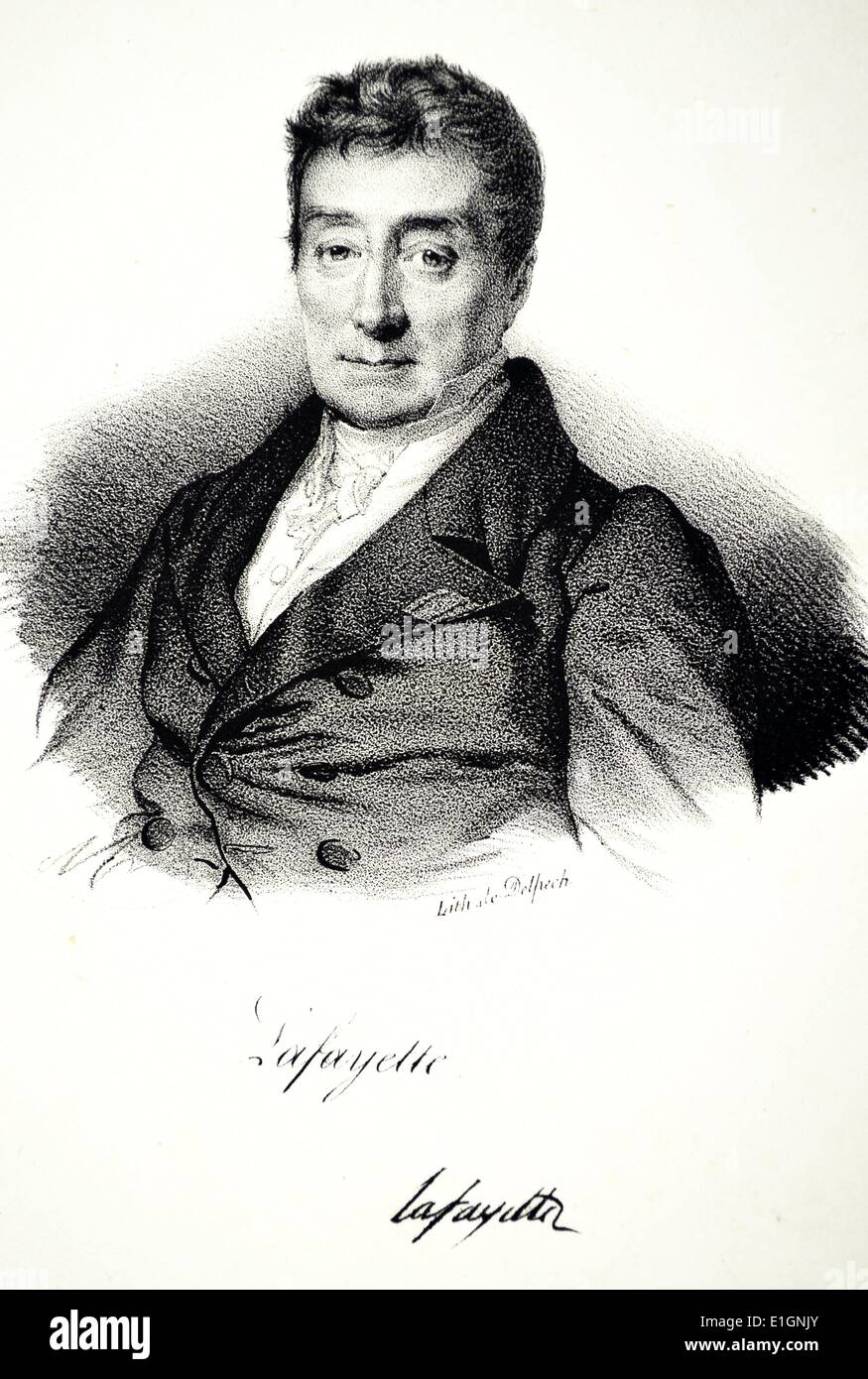 Marie-Joseph Paolo Yves Roch Gilbert du Mortier, Marchese de La Fayette (1757-1834), usualmente noto come Lafayette. Aristocratico francese e soldato. Un generale nella guerra rivoluzionaria americana. Litografia, Parigi, 1832. Foto Stock