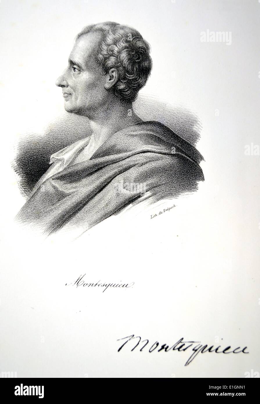 Montesquieu (1689-1755): Charles Louis de Secondat Barone de La Brede et de Montesquieu, Illuminismo francese pensatore politico. Litografia, Parigi, 1832. Foto Stock