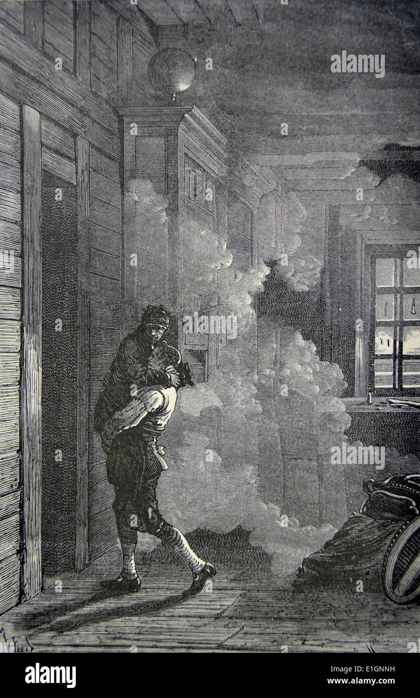 Leonhard Euler (1707) mathemetician svizzero e fisico, ciechi e malati, liberato dalla sua casa in st petersburg della st Petersburg incendio del 1771. Incisione, Paris, 1874. Foto Stock