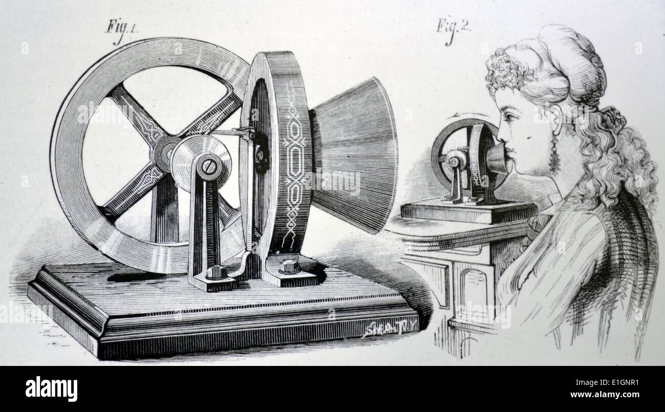 Edison il fonometro che ha utilizzato l'energia generata dal discorso di guidare un volano. Egli ha sostenuto la potenza potrebbe essere usded per trapanare un foro in una parete in legno. Dal ''La natura", Parigi, 1878. Foto Stock