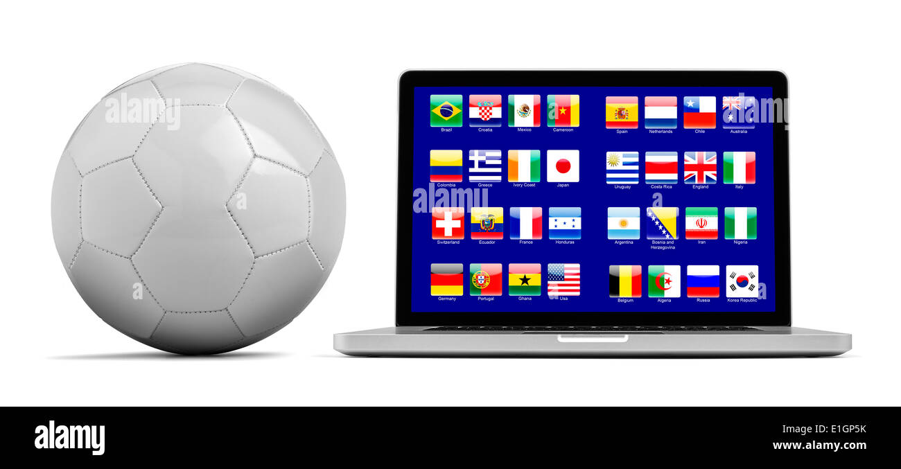 Computer portatile isolato su bianco con 32 paesi flag come icone e sfera vuota - percorso di clipping Foto Stock