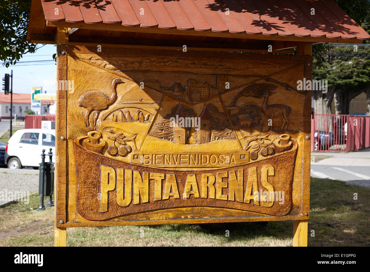 Benvenuto a Punta Arenas firmare Cile Foto Stock