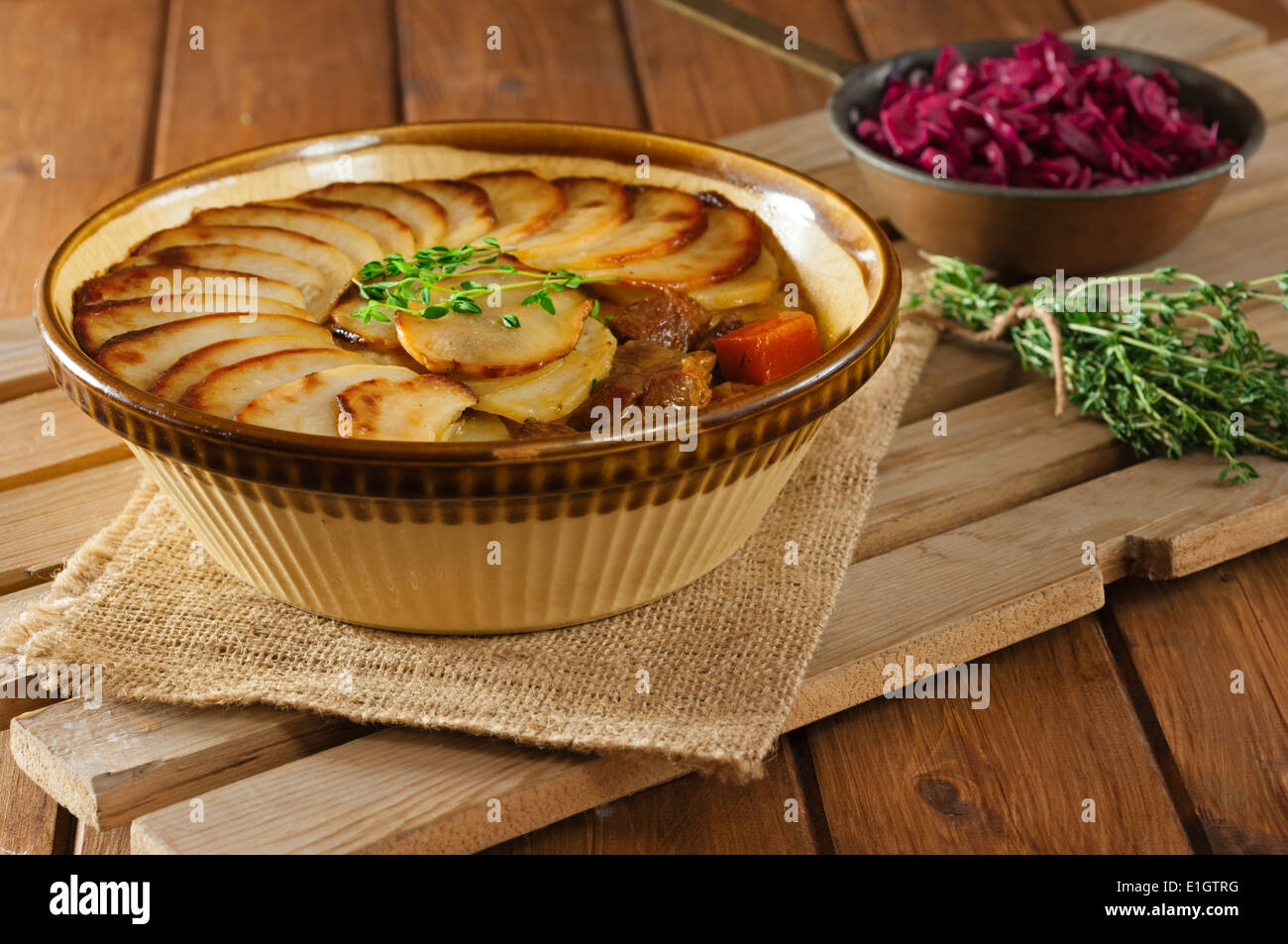 Lancashire hotpot tradizionale agnello e piatto di patate alimentari NEL REGNO UNITO Foto Stock