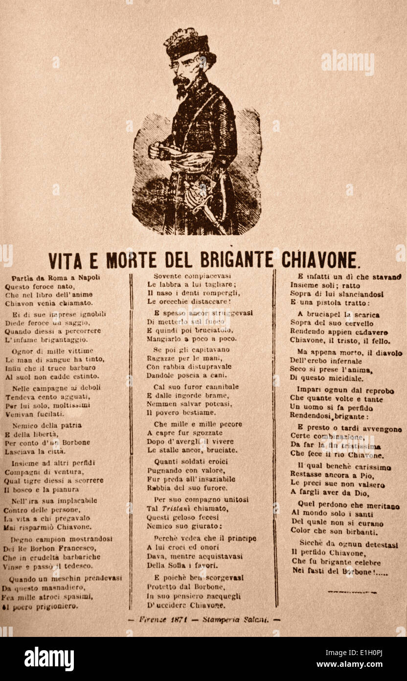 La vita e la morte del brigante Chiavone un cantastorie Fiorentino 1874 Foto Stock