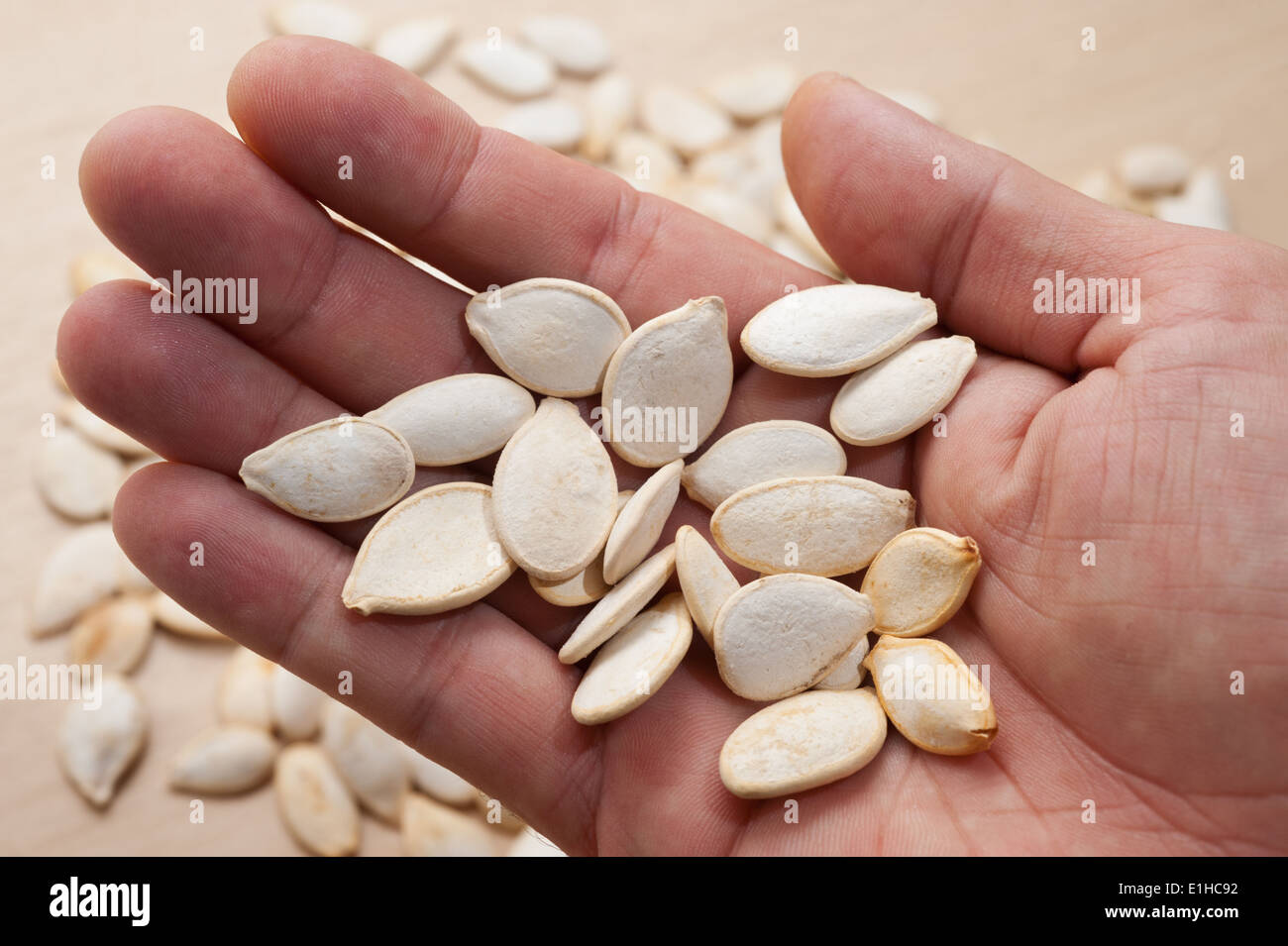 Mano azienda mazzetto di semi di zucca. Foto Stock