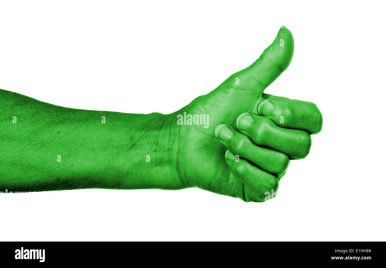 Vecchia donna con artrite dando il pollice in alto segno, pelle verde Foto Stock