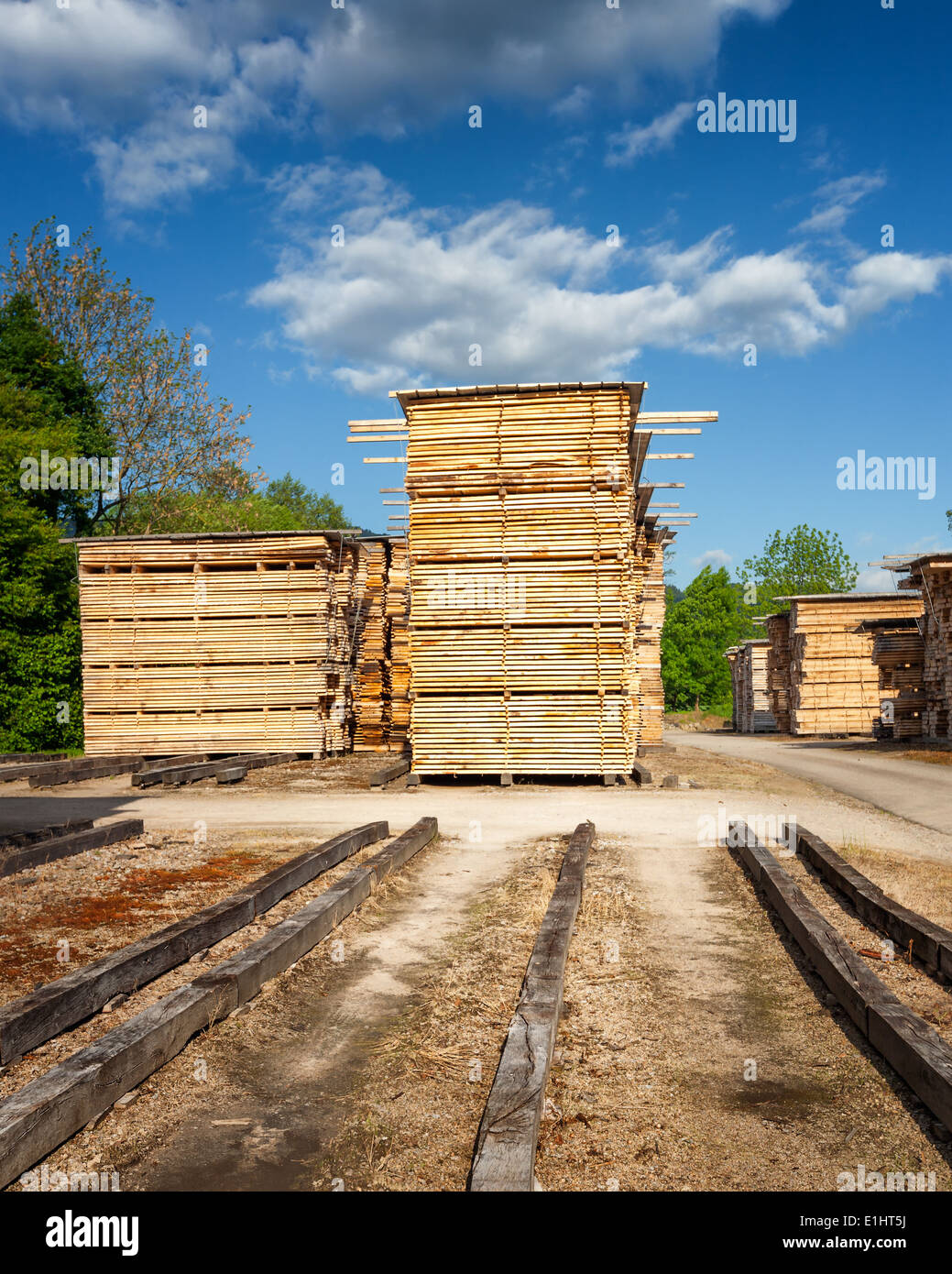 Pile di assi di legno al deposito di legname Foto Stock
