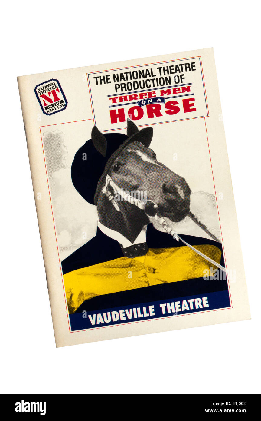 Programma per il 1987 il Teatro Nazionale la produzione di tre uomini su un cavallo da John Cecil Holm e George Abbott at Vaudeville Theatre. Foto Stock