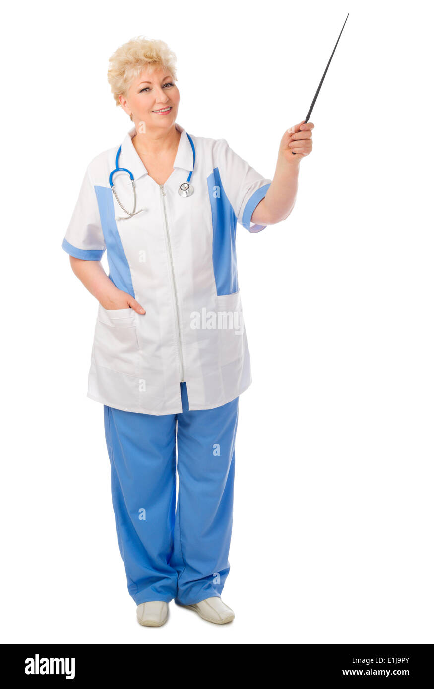 Medico maturo con puntatore stick isolato Foto Stock