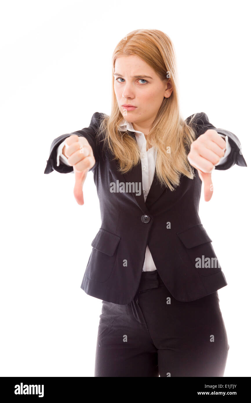 Imprenditrice facendo il pollice verso il basso gesto Foto Stock