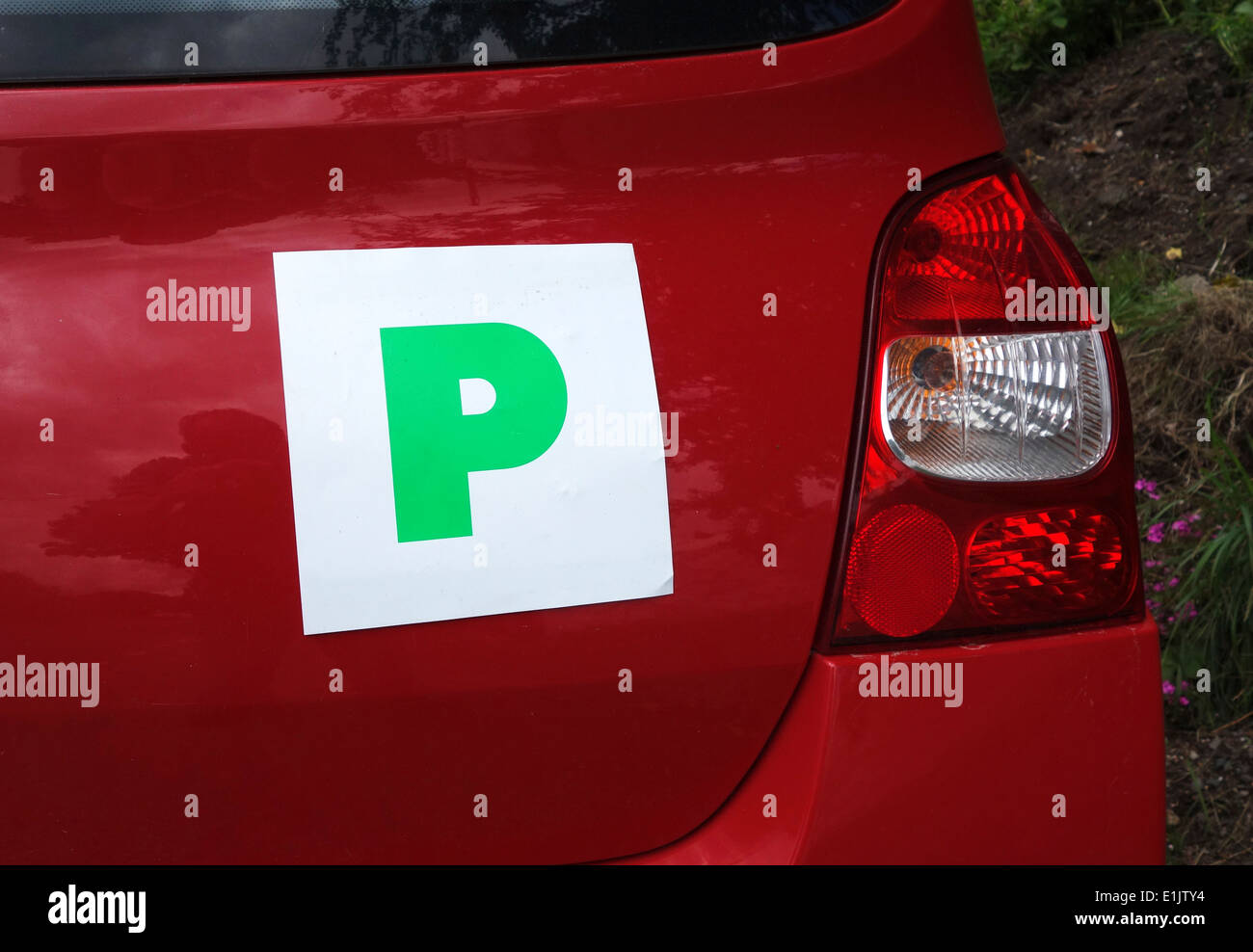 Verde ' P ' piastre su una vettura in Inghilterra indicano che il conducente ha recentemente superato l'esame di guida Foto Stock