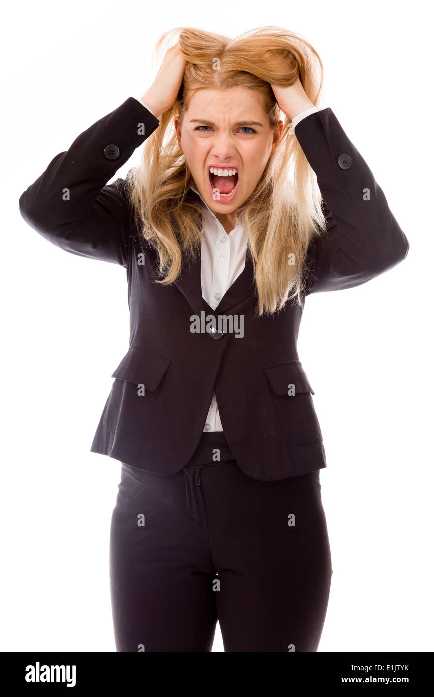 Imprenditrice tirando i suoi capelli e urlando in frustrazione Foto Stock