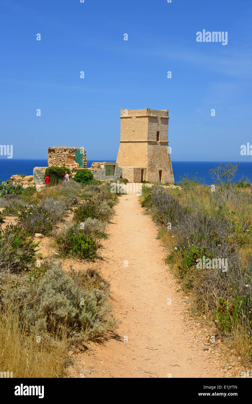 Għajn Tuffieħa Tower, Għajn Tuffieħa Bay, Distretto Settentrionale, Malta Majjistral Regione, Repubblica di Malta Foto Stock