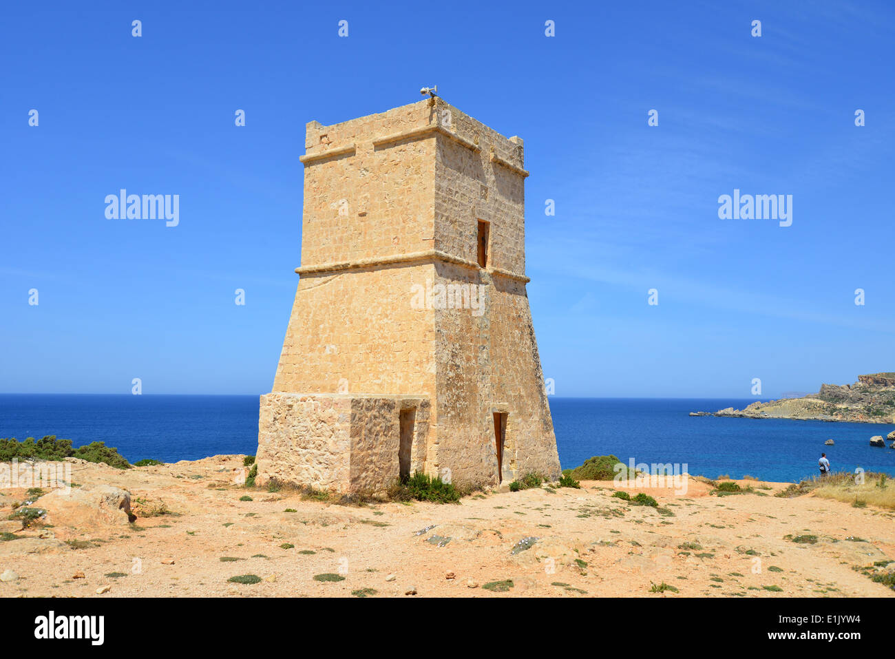 Għajn Tuffieħa Tower, Għajn Tuffieħa Bay, Distretto Settentrionale, Malta Majjistral Regione, Repubblica di Malta Foto Stock