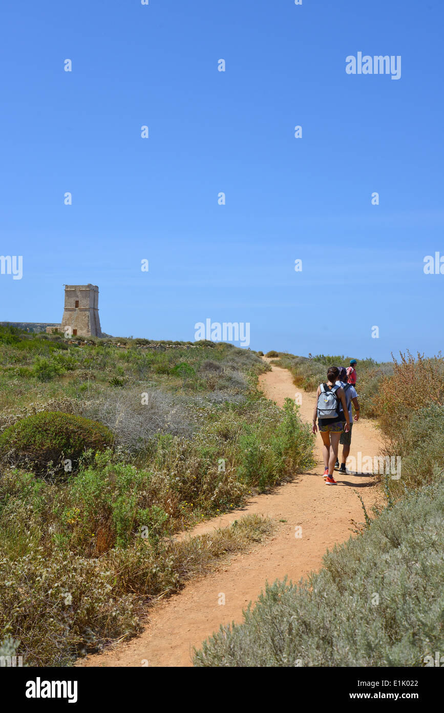 Sentiero costiero a Għajn Tuffieħa Bay, Distretto Settentrionale, Malta Majjistral Regione, Repubblica di Malta Foto Stock