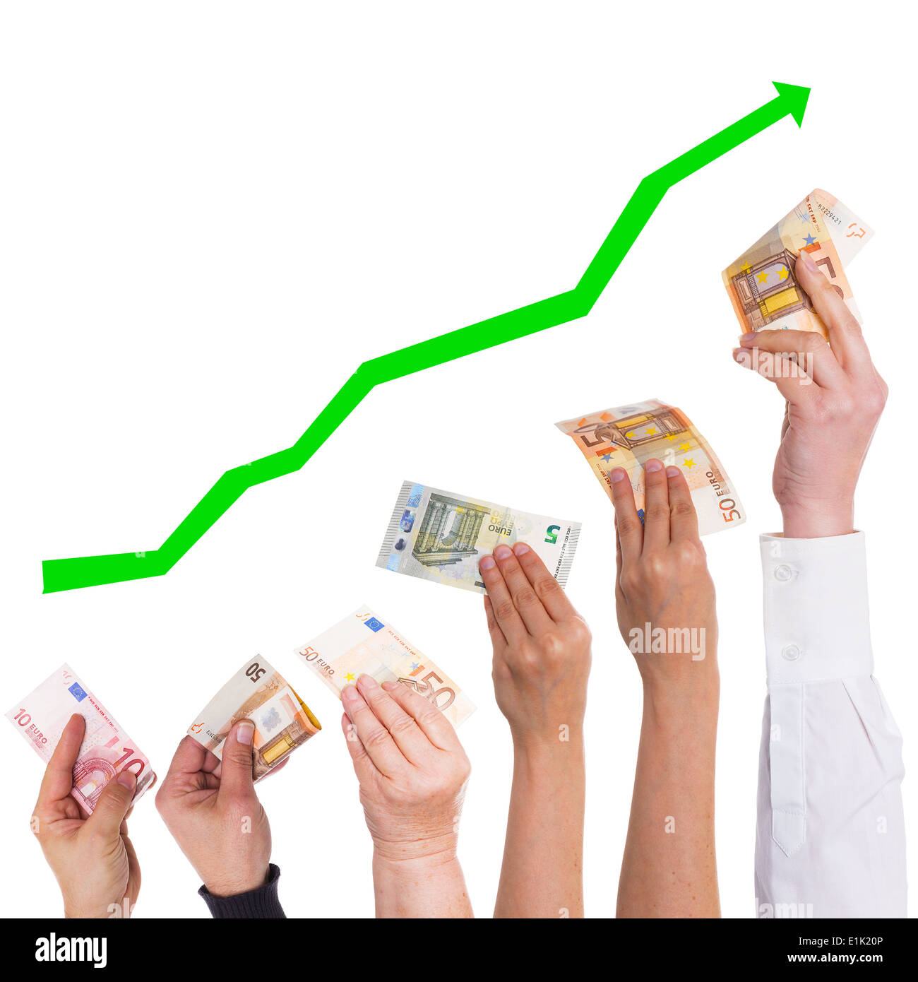 Concetto di euro ottenere di più e più prezioso isolato su bianco Foto Stock