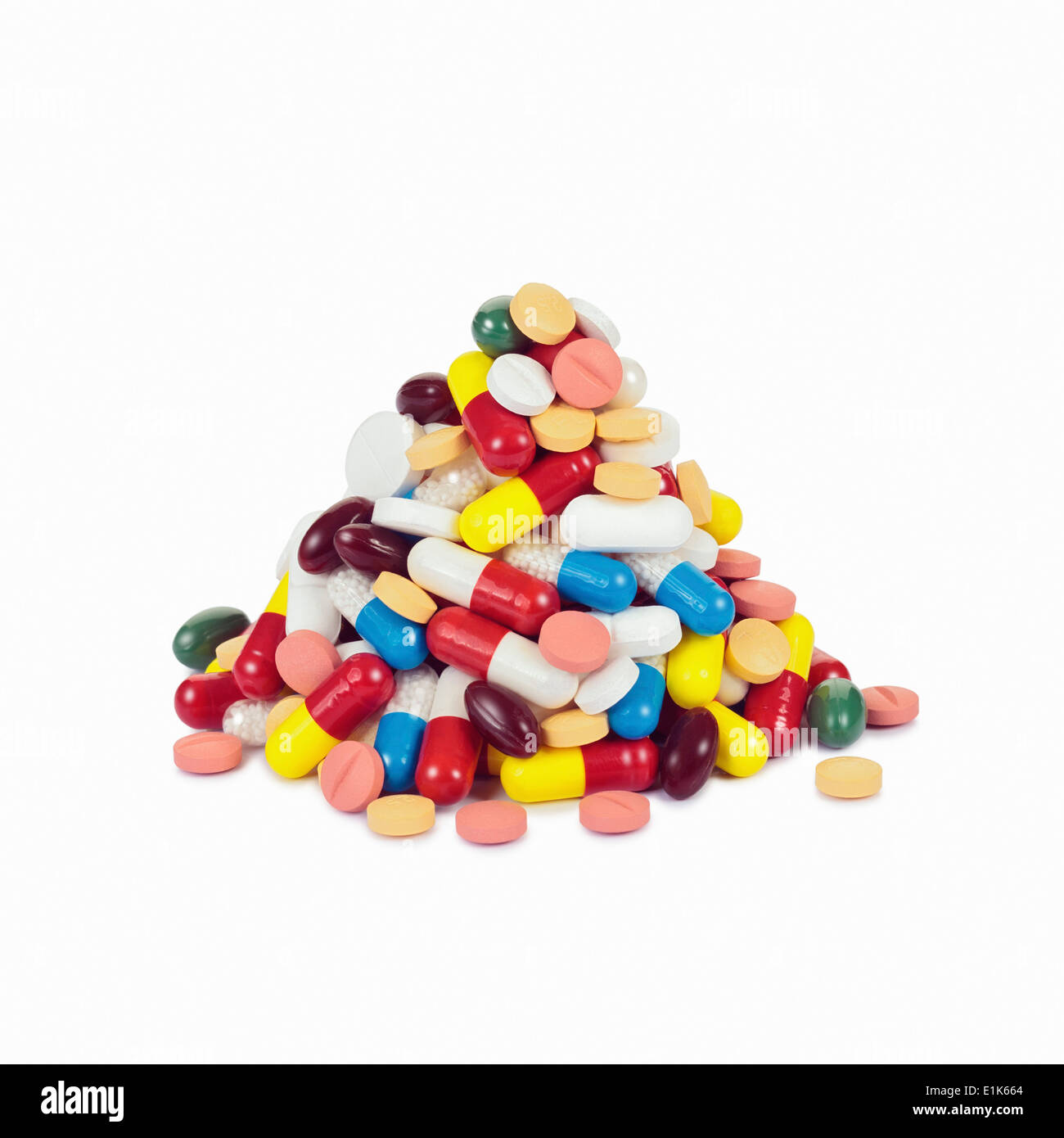 Pila di pillole di compresse e capsule di droga. Foto Stock