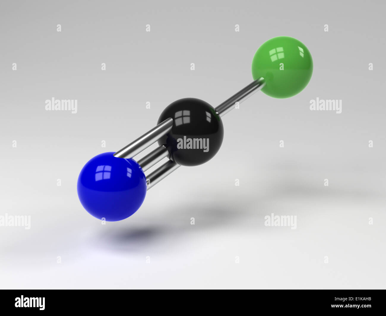 La struttura molecolare del cloruro di cianogeno che mostra il carbonio (nero) di cloro (verde) e azoto (blu) computer grafica. Foto Stock