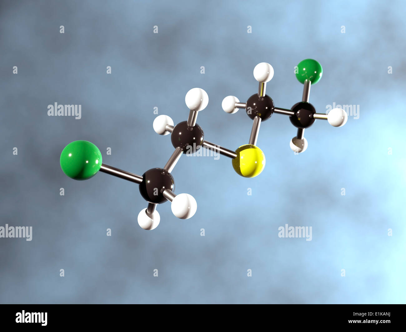 La struttura molecolare della senape della molecola di gas che mostra il carbonio (nero) di cloro (verdi) idrogeno (bianco) e zolfo (giallo) Foto Stock