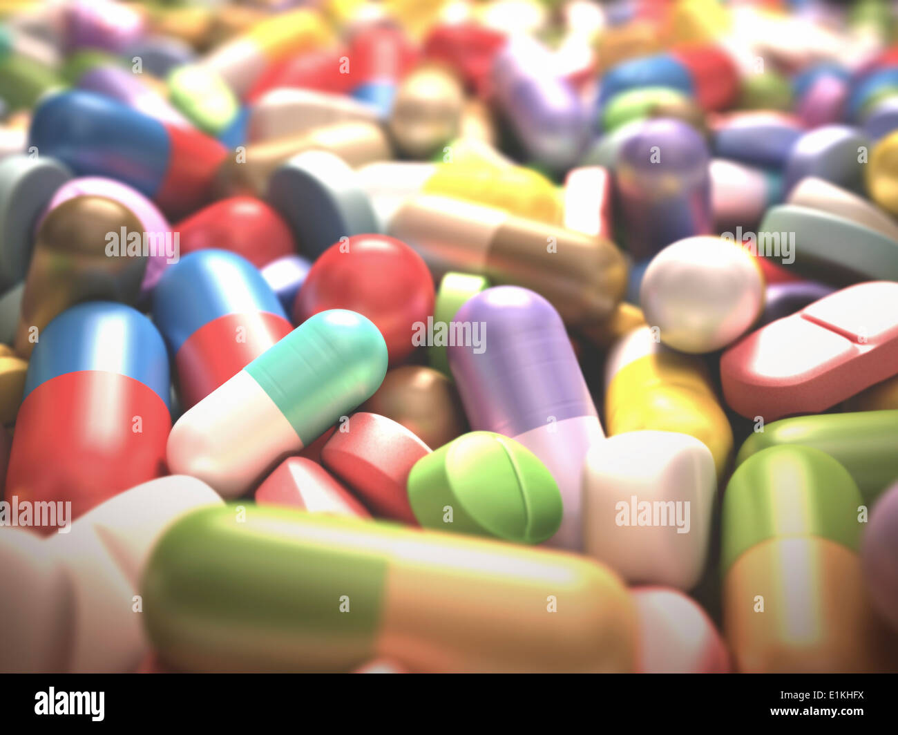 Illustrazione delle varie pillole compresse e integratori per la salute. Foto Stock