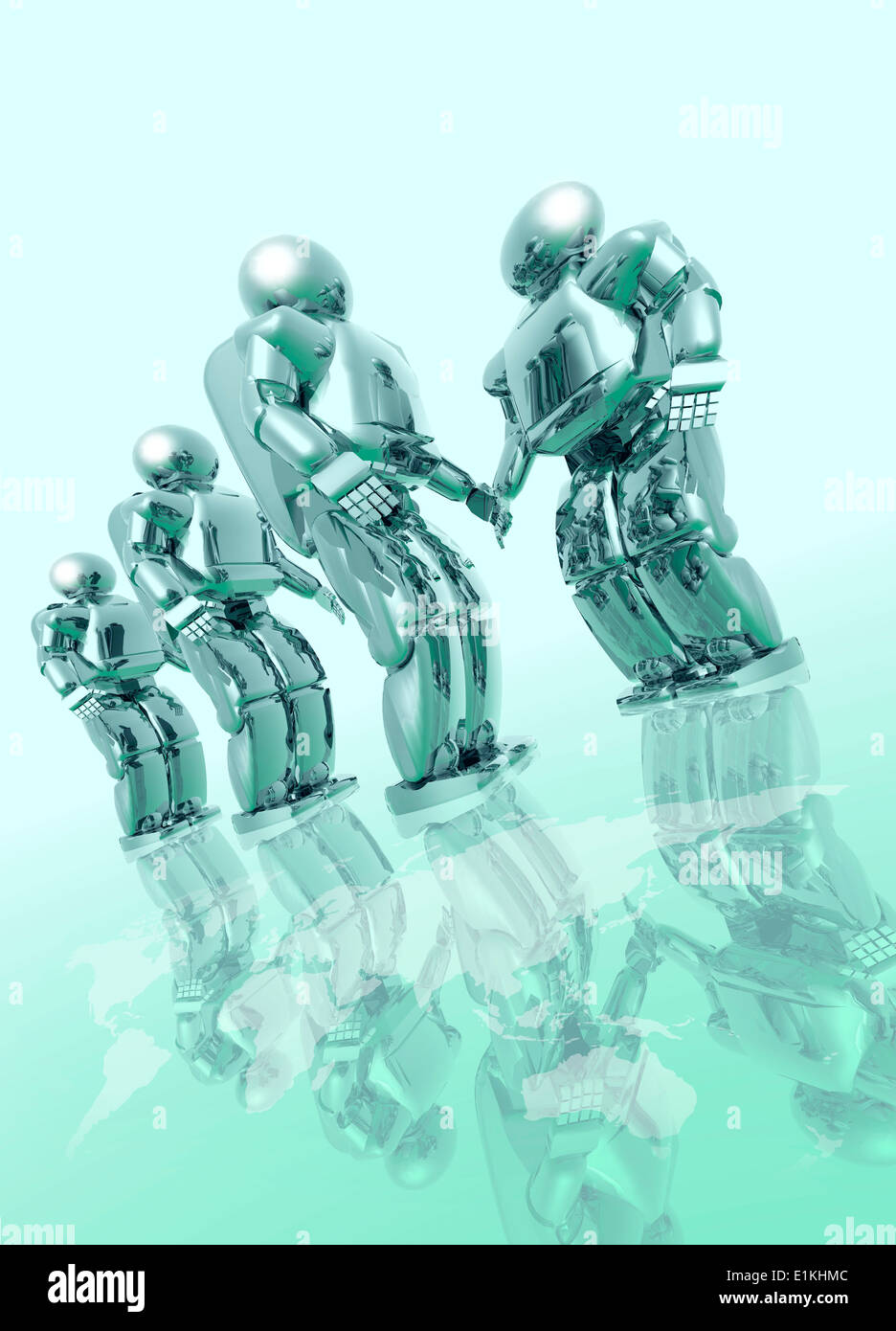 Illustrazione dei robot contro uno sfondo verde. Foto Stock