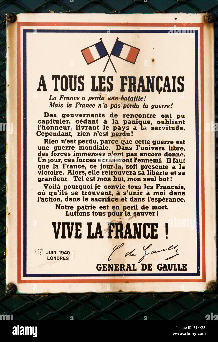 De Gaulle del giugno 18 chiamata per il francese Foto Stock
