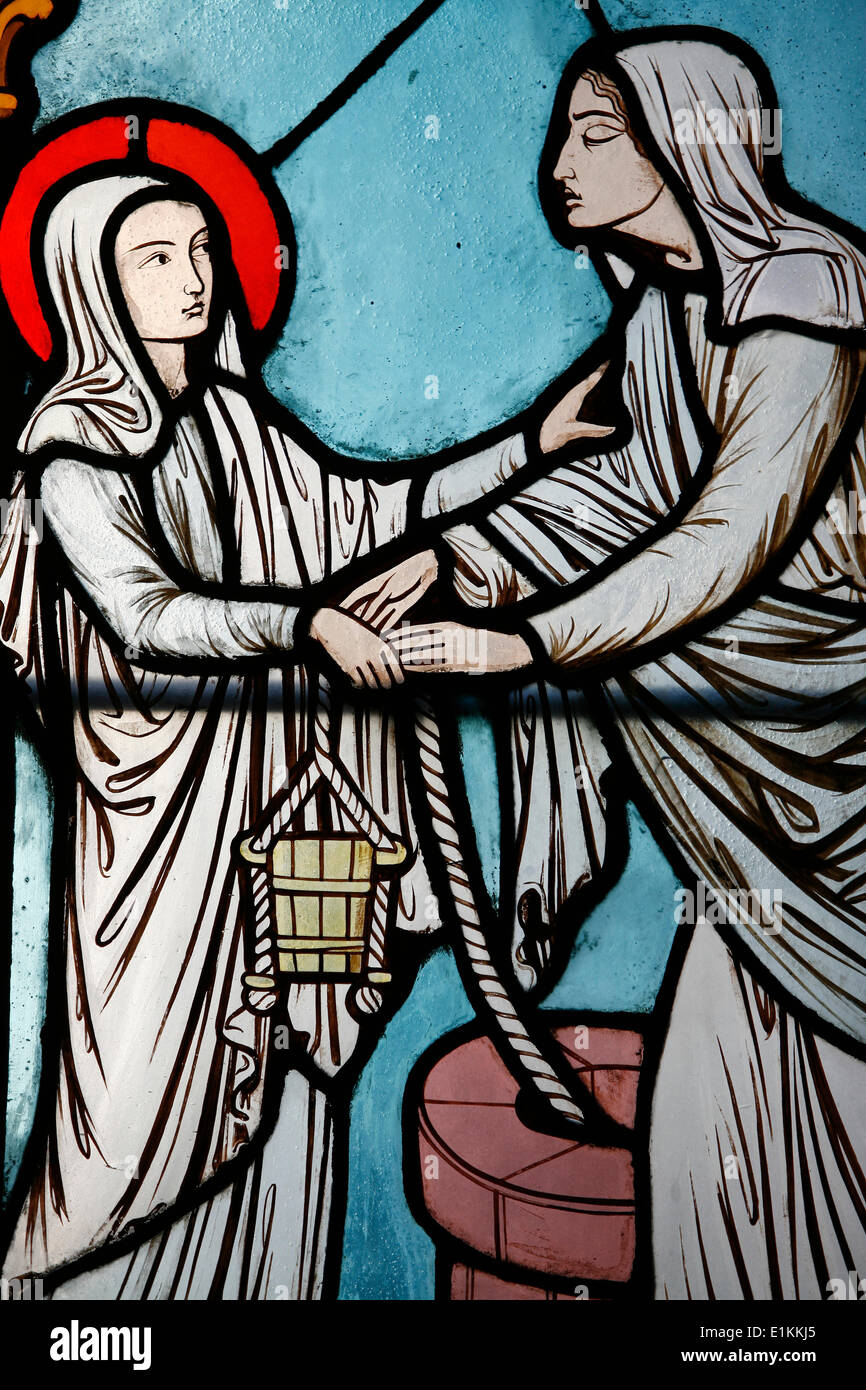 Notre Dame de Paris cathedral vetrata : vita di Sainte Geneviève, patrono di Parigi (vetro macchiato da Alfred GŽ Foto Stock