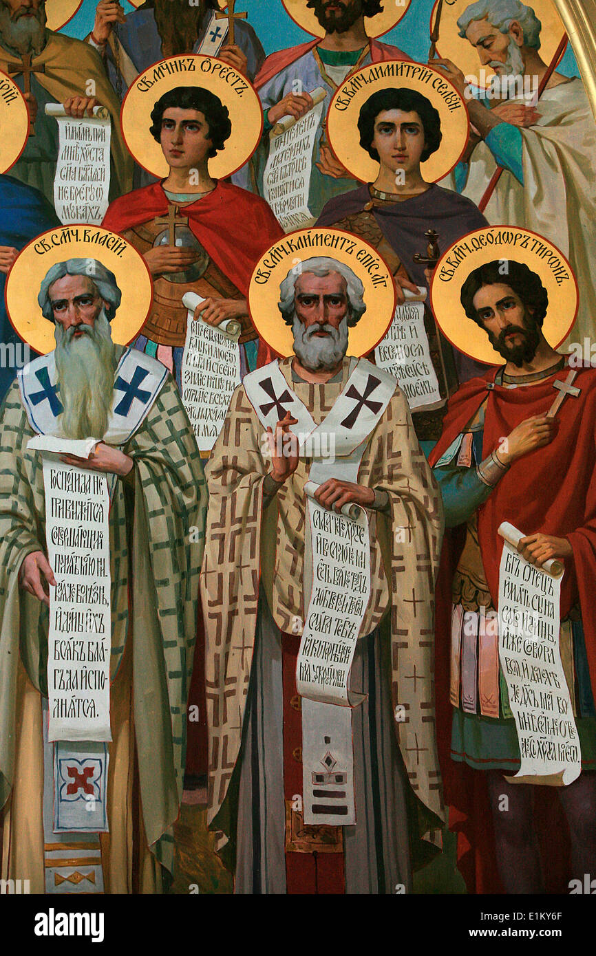 Particolare di un affresco di Aghios Andreas monastero sul Monte Athos : Christian padri fondatori Foto Stock