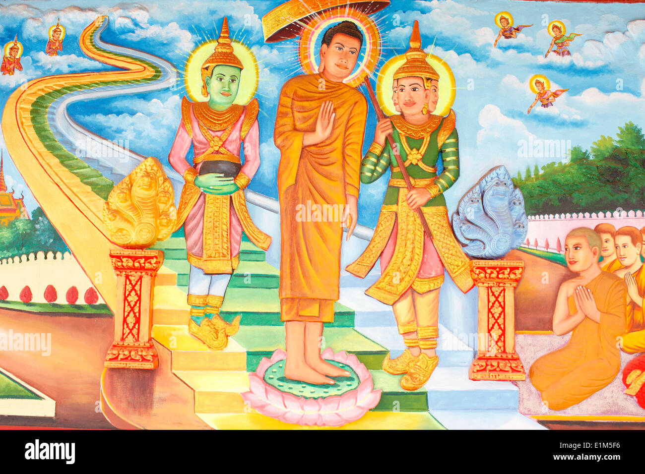 Preah Prom Rath monastero. La vita di Buddha. Il Buddha pagare una visita al cielo e incontro con gli dèi Indra e Brahma. Foto Stock