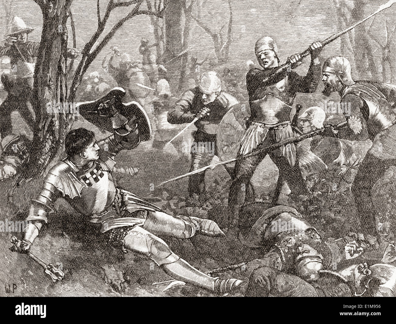 La battaglia di Barnet, Inghilterra in 1471, la morte di Warwick il Kingmaker. Foto Stock