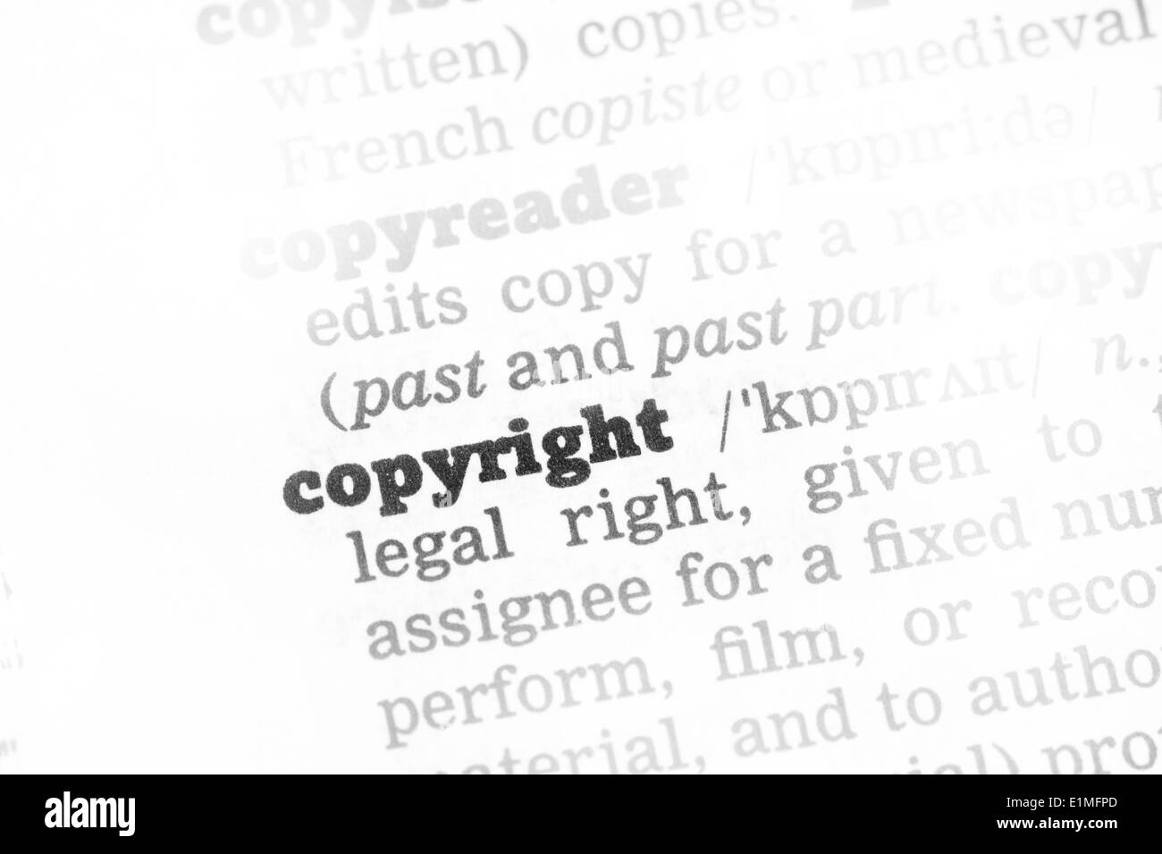 Copyright definizione del Dizionario parola singola con soft focus Foto Stock