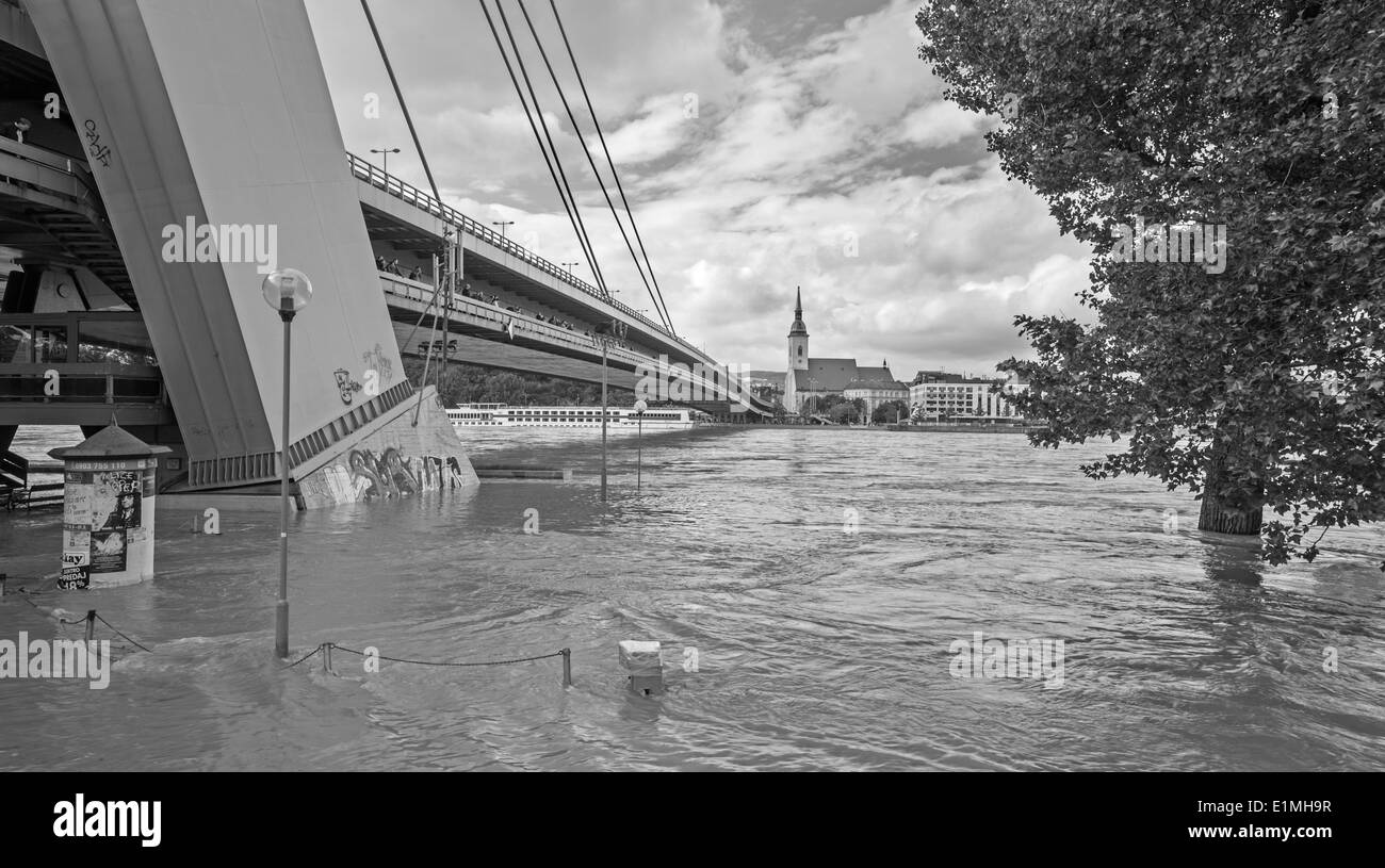 Bratislava - Danubio ad alta flood dalla massima misurata di acqua e SNP ponte sullo sfondo Foto Stock