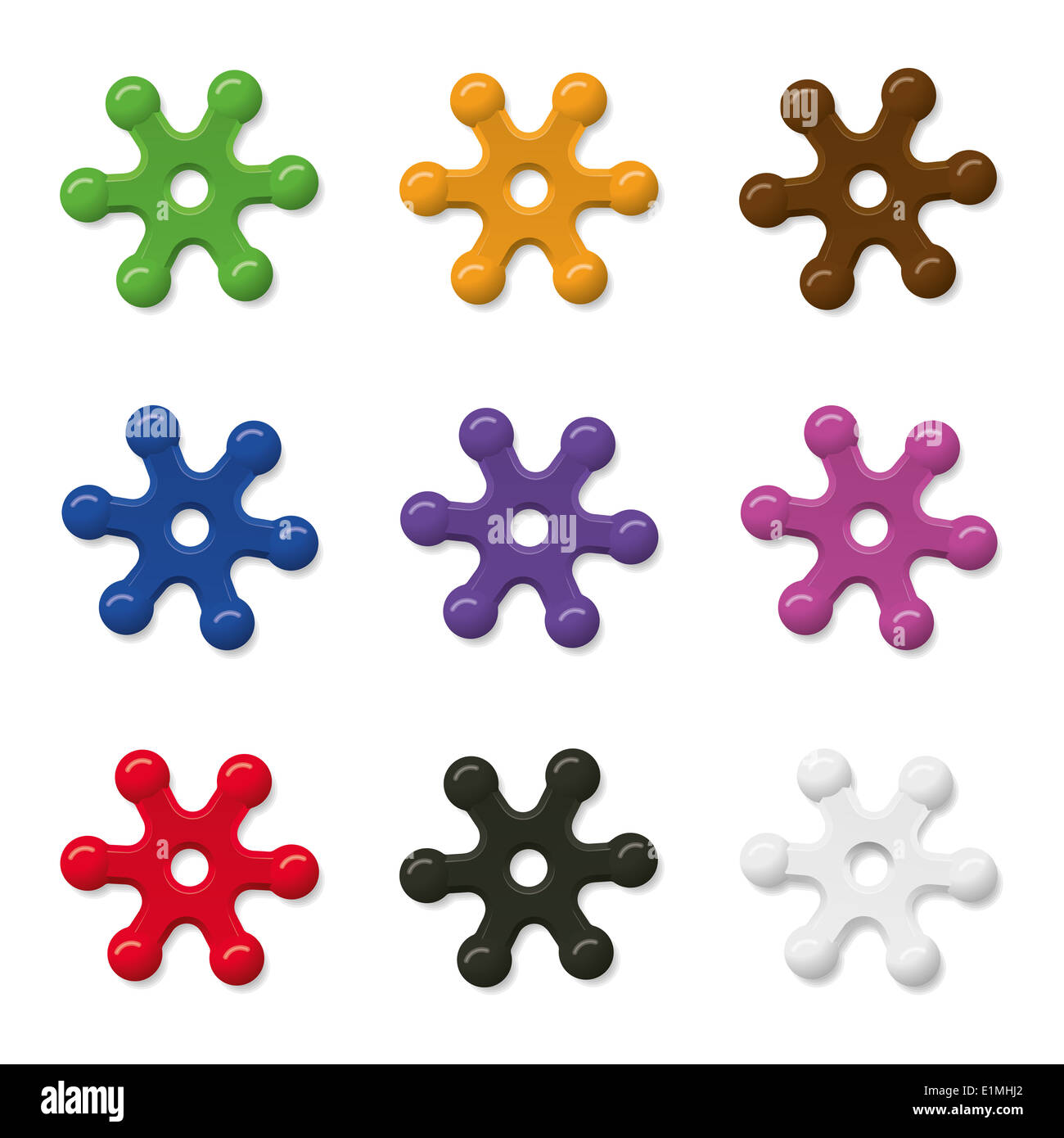 Set di anelli colorati con sei bracci arrotondati. Foto Stock