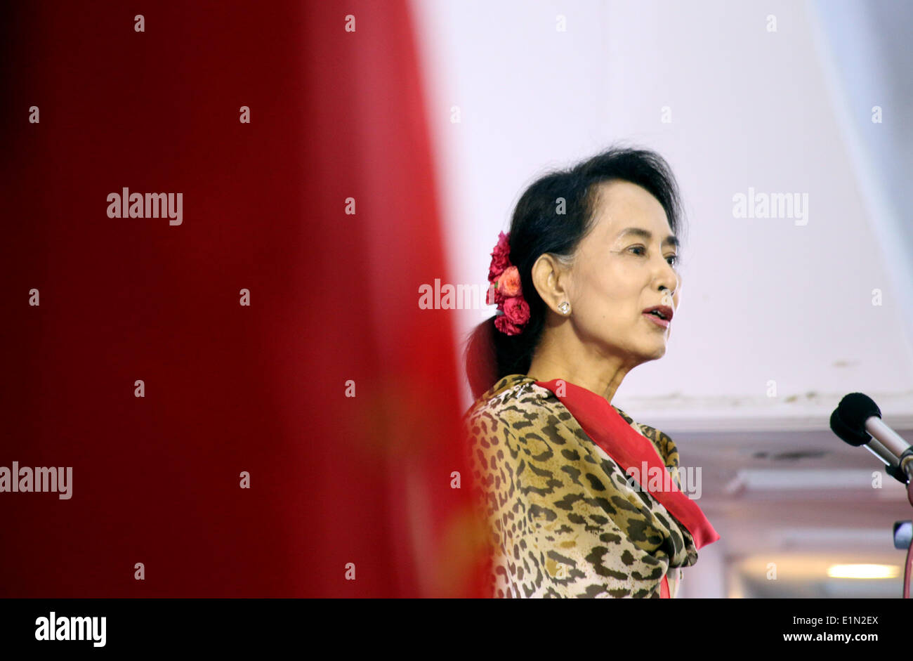 Yangon, Myanmar. Il 7 giugno, 2014. Leader del Myanmar opposizione della Lega nazionale per la democrazia (NLD) di Aung San Suu Kyi offre un discorso durante la cerimonia di apertura dei due giorni di comitato centrale per la riunione del NLD a Yangon, Myanmar, 7 giugno 2014. Credito: U Aung/Xinhua/Alamy Live News Foto Stock
