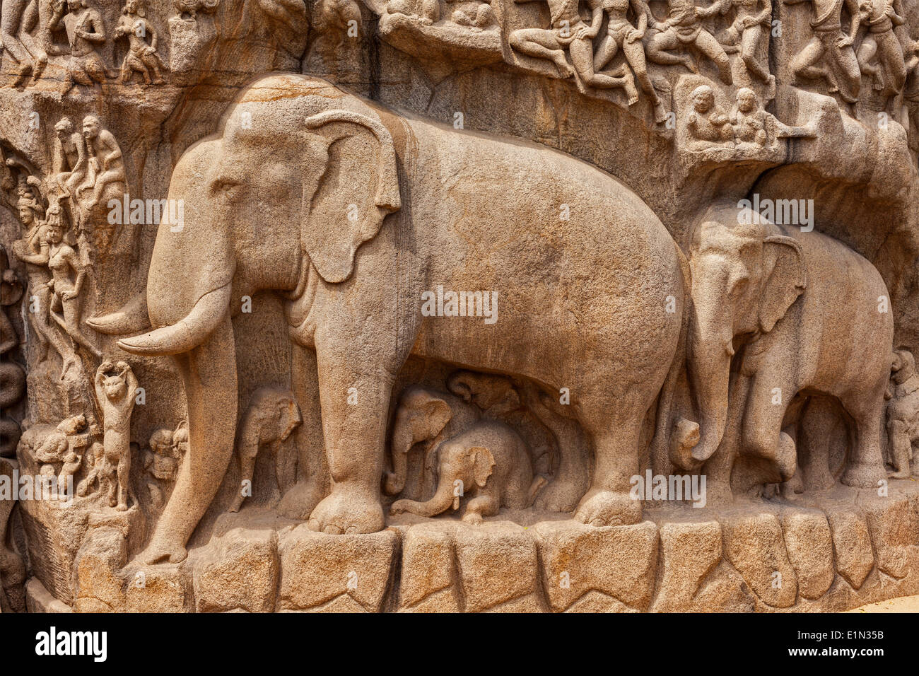 Gli elefanti sulla discesa del Gange e Arjuna la Penitenza antica scultura in pietra - Monumento a Mahabalipuram, Tamil Nadu, India Foto Stock