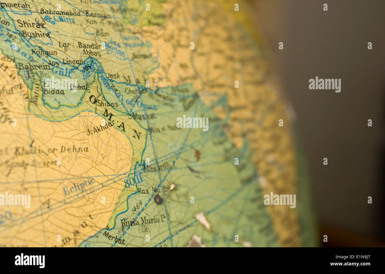Un vecchio Mappa di Oman su un antico globo. Foto Stock