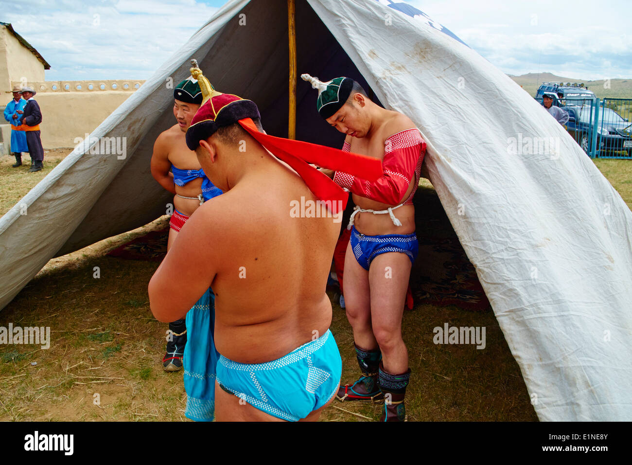Mongolia, Ovorkhangai provincia, Ondorshireet, il festival Naadam, wrestling Foto Stock