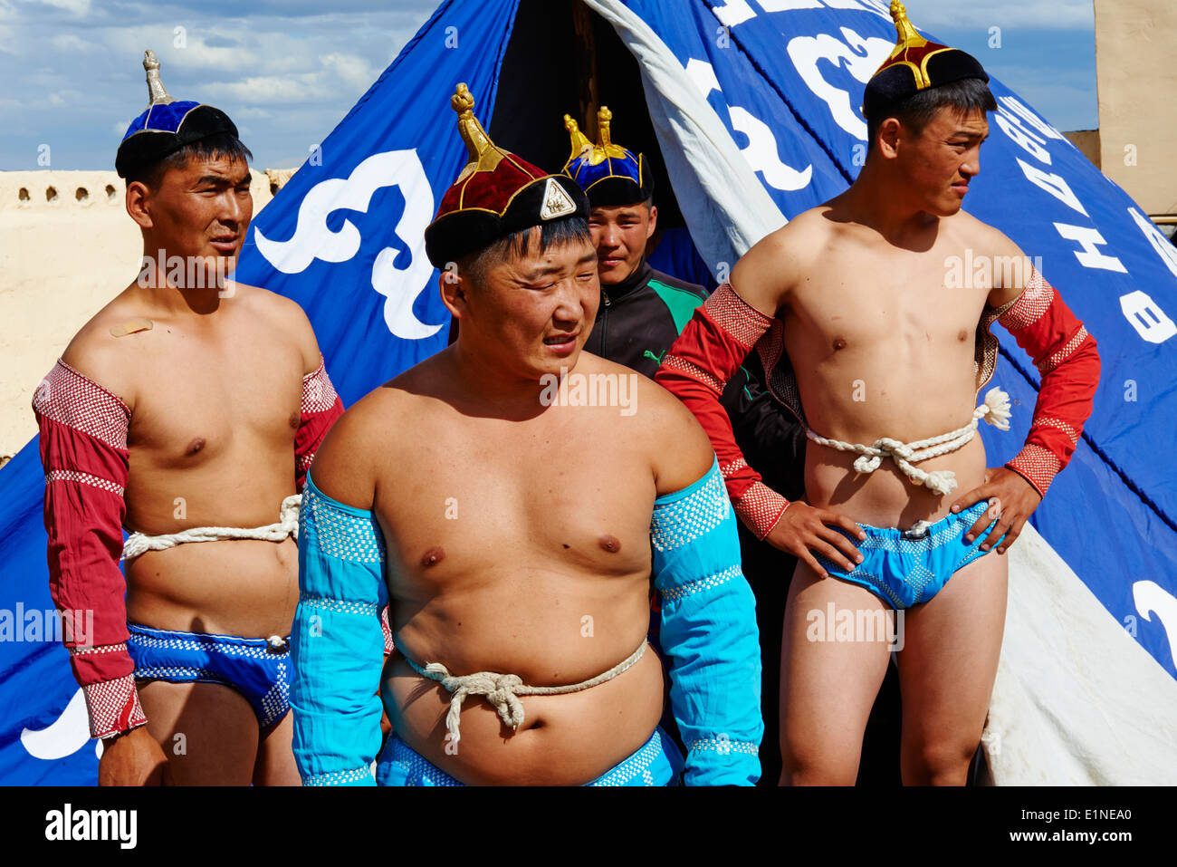 Mongolia, Ovorkhangai provincia, Ondorshireet, il festival Naadam, wrestling Foto Stock