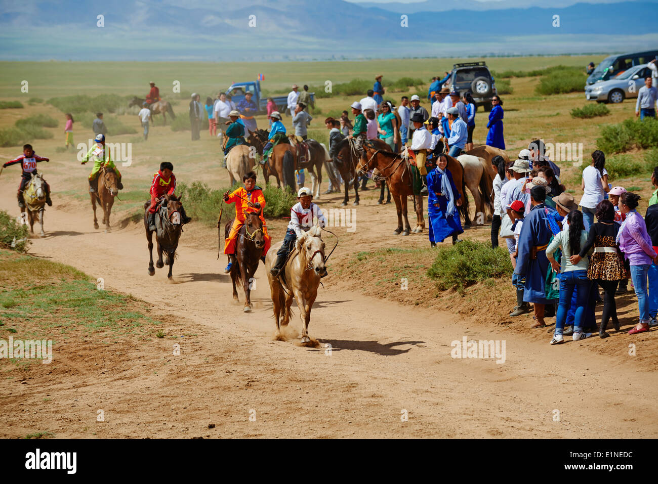 Mongolia, Ovorkhangai provincia, Ondorshireet, il festival Naadam, cavalli di razza, spettatore Foto Stock