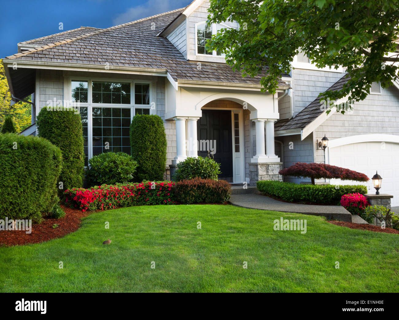 Casa unifamiliare USA - unico grande famiglia ci moderna casa con giardini  paesaggistici e prato in primavera Foto stock - Alamy