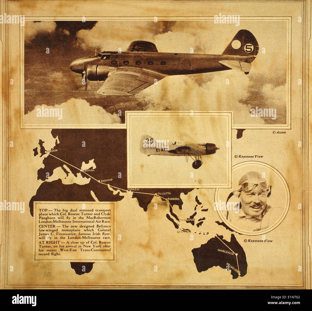 La London to Melbourne Race ha visto una serie di aeromobili significativi, tra cui il Boeing 247 e modelli con motori Pratt & Whitney, mettendo in evidenza le corse aeree dell'epoca e i progressi nell'aviazione commerciale. Foto Stock