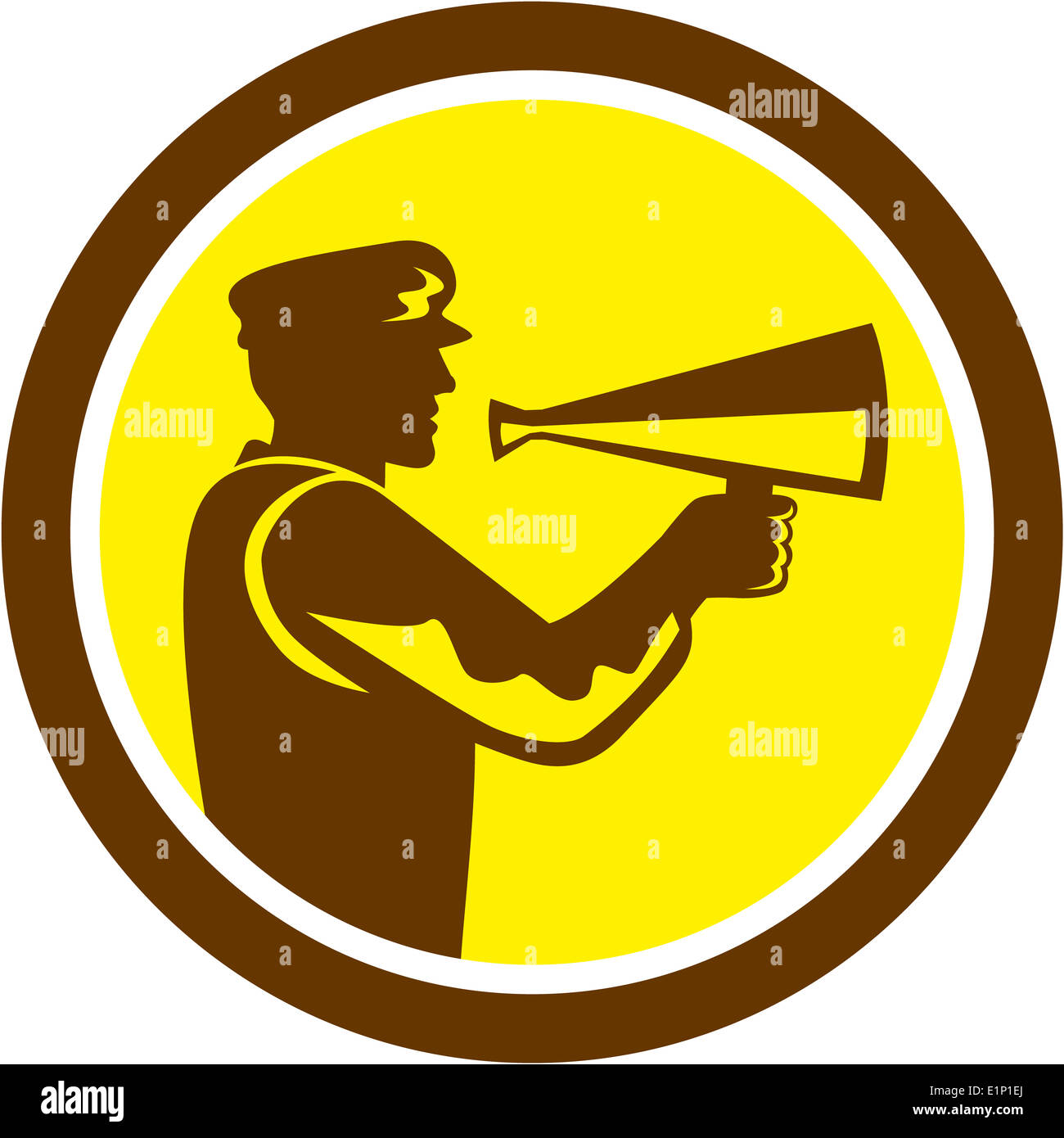 Illustrazione di un regista cinematografica cameraman gridando utilizzando bullhorn impostato all'interno del cerchio fatto in stile retrò. Foto Stock