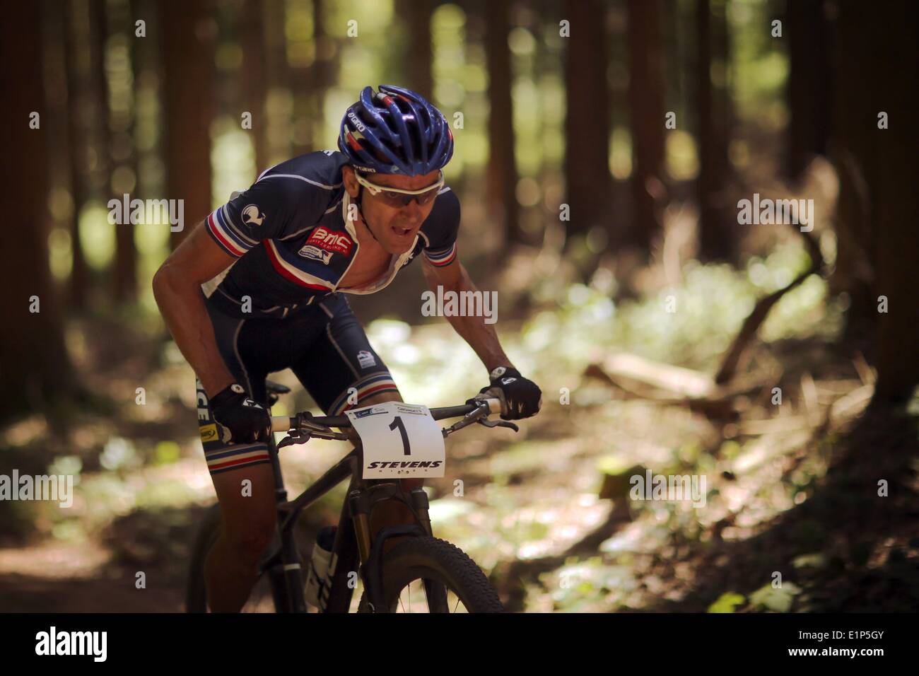 Sankt Wendel, Germania. Il giorno 08 Giugno, 2014. Il francese Julien Absalon durante la mountainbike al Campionato Europeo 2014 in Sankt Wendel, Germania, 08 giugno 2014. Il campionato europeo di Mountainbike Cross Country si svolge dal 05 al 08 giugno 2014. Foto: Fredrik van Erichsen/dpa/Alamy Live News Foto Stock