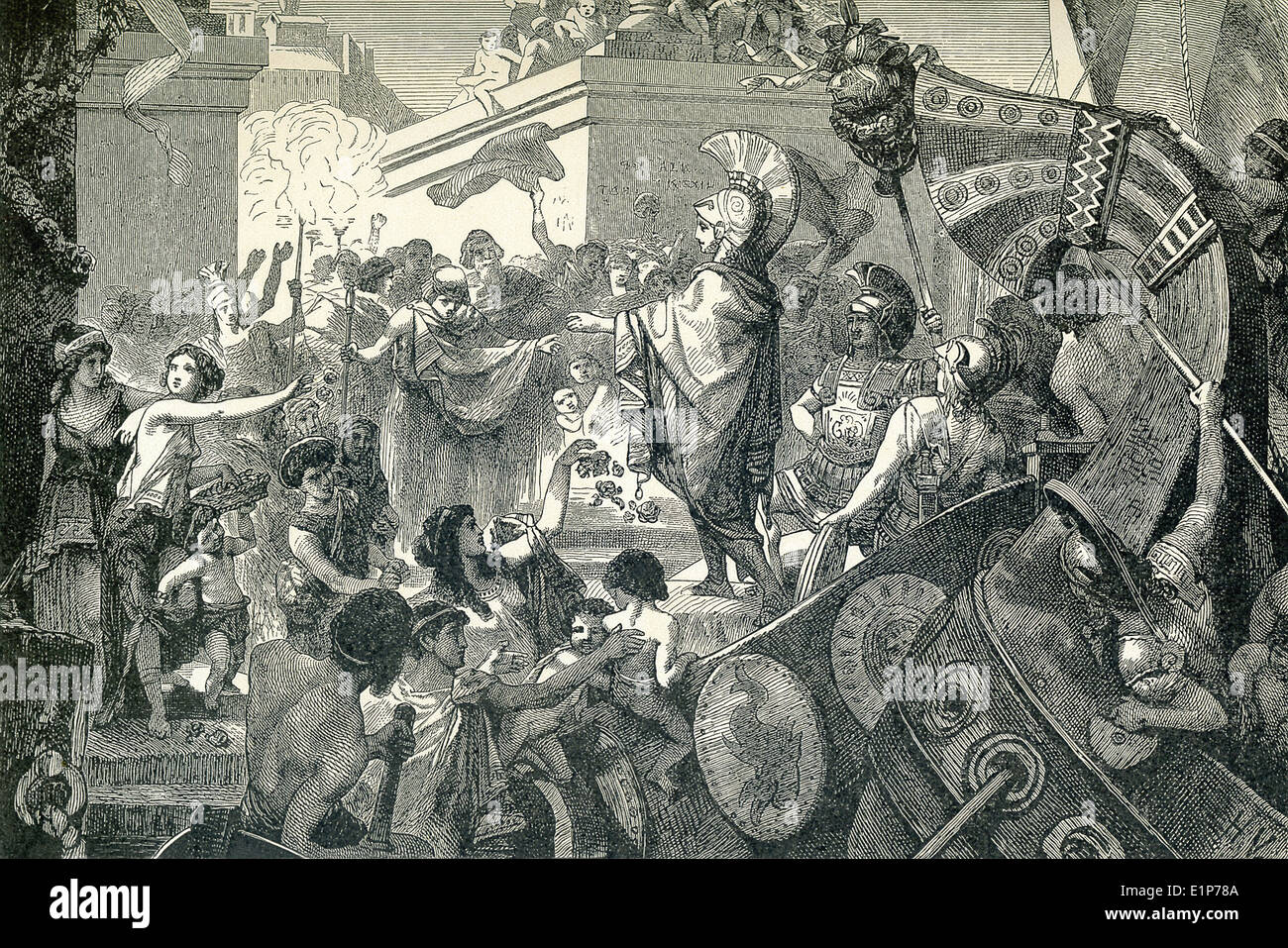 Alcibiades è tornato ad Atene (come si vede qui essendo accolto dai suoi compagni ateniesi) e poi ha conquistato una vittoria navale in 410. Foto Stock