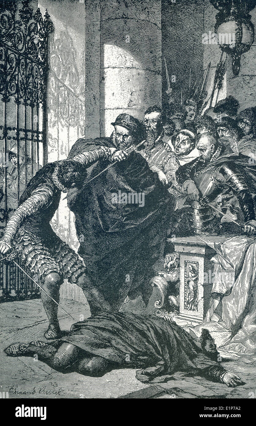 Don Carlos trae la sua spada sul suo padre, il re Filippo II, dopo che il re nega il Figlio suo appello per la libertà. Foto Stock