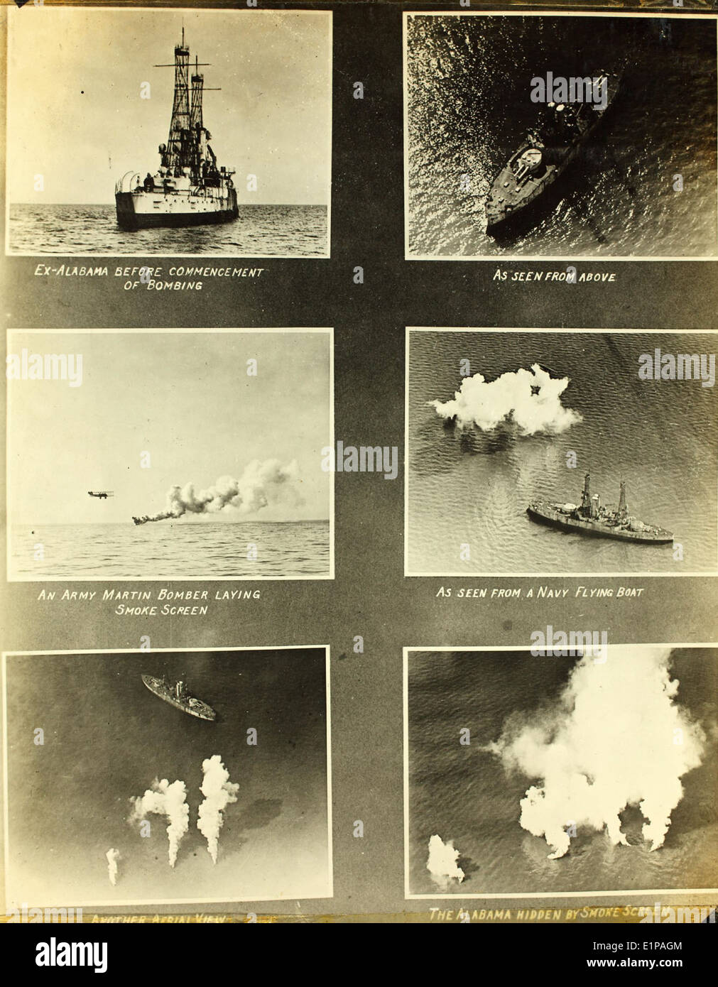 Questa immagine cattura i test di bombardamento aereo condotti tra il 1920 e il 1929, mostrando le navi della Marina degli Stati Uniti, tra cui la USS Alabama (BB-8), una corazzata pre-dreadnought. Questi test facevano parte della ricerca militare sull'efficacia dei bombardamenti aerei su obiettivi navali. Foto Stock