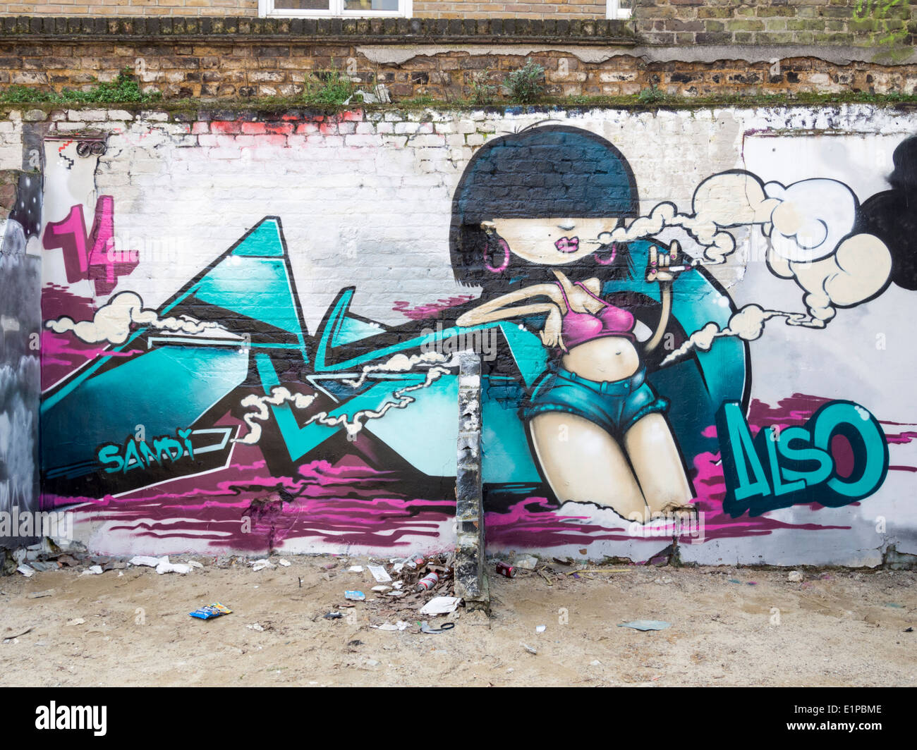 Arte di strada in Brick Lane nella zona est di Londra, Inghilterra Foto Stock
